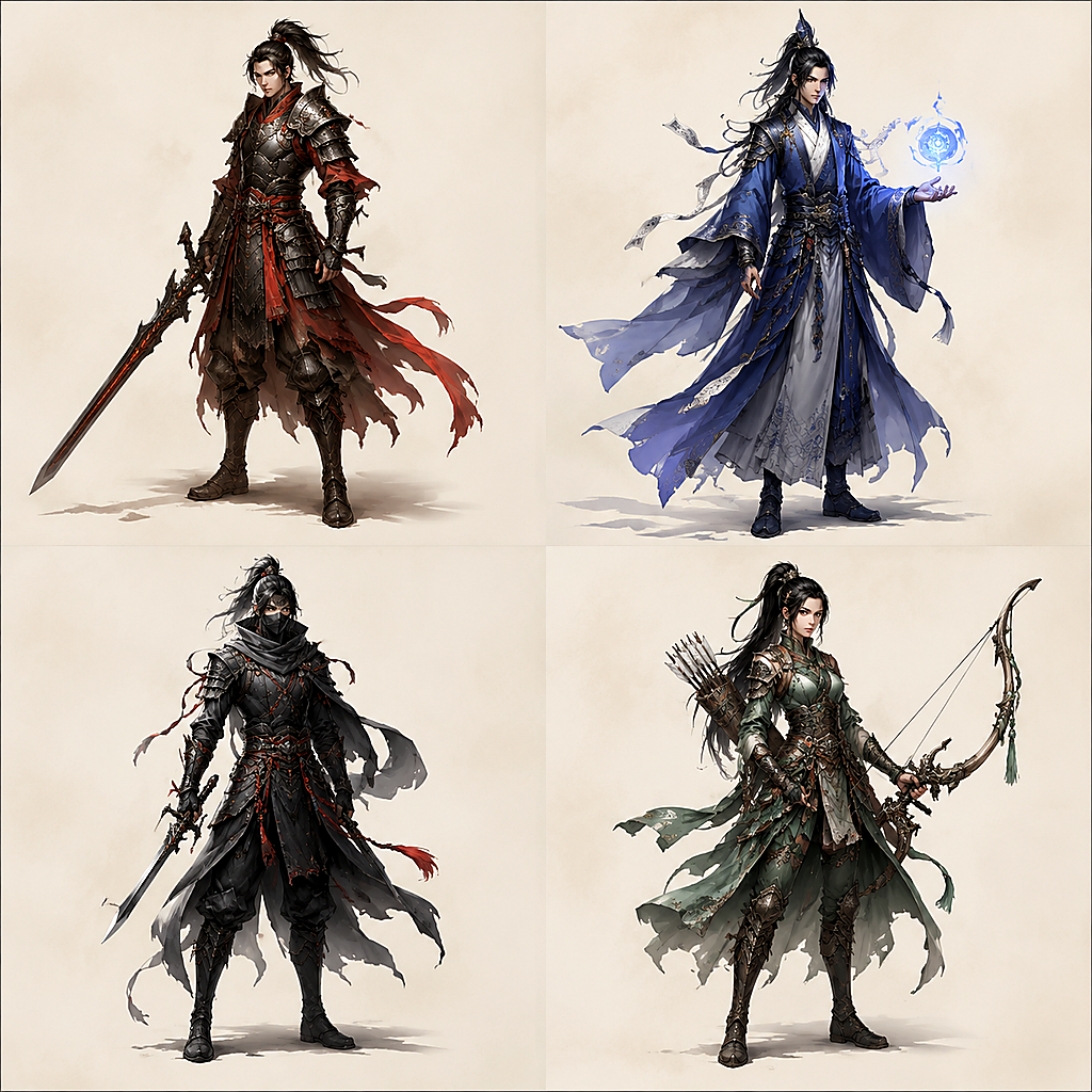 战神霸业战士法师刺客弓手四职业原创角色设定图
