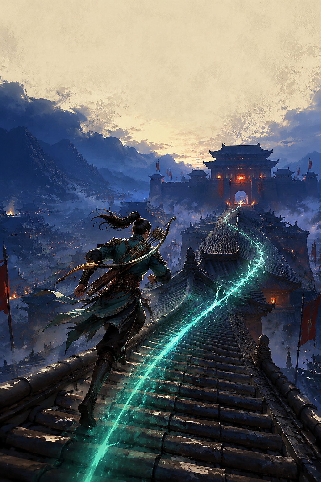 战神霸业竖版弓手在沙城屋顶追击的原创游戏场景